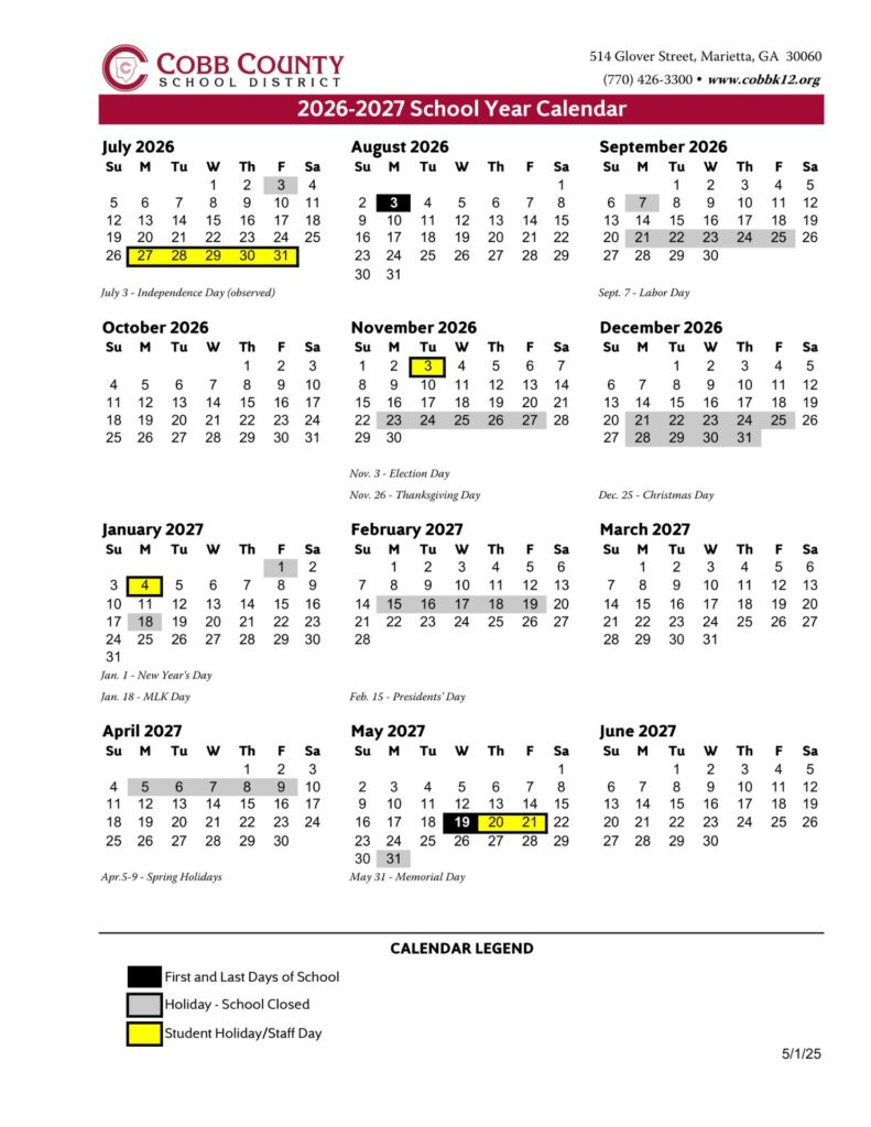 Cobb County School District Calender 2026-27