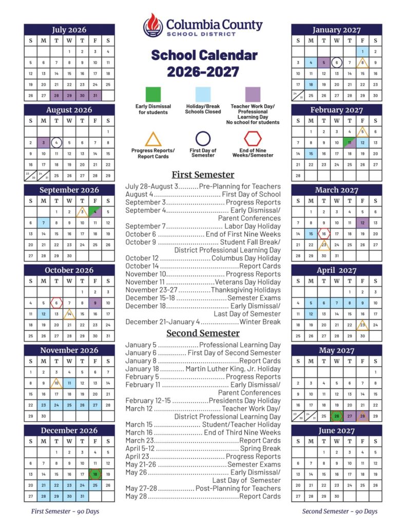 Columbia County School District Calendar 2026-27