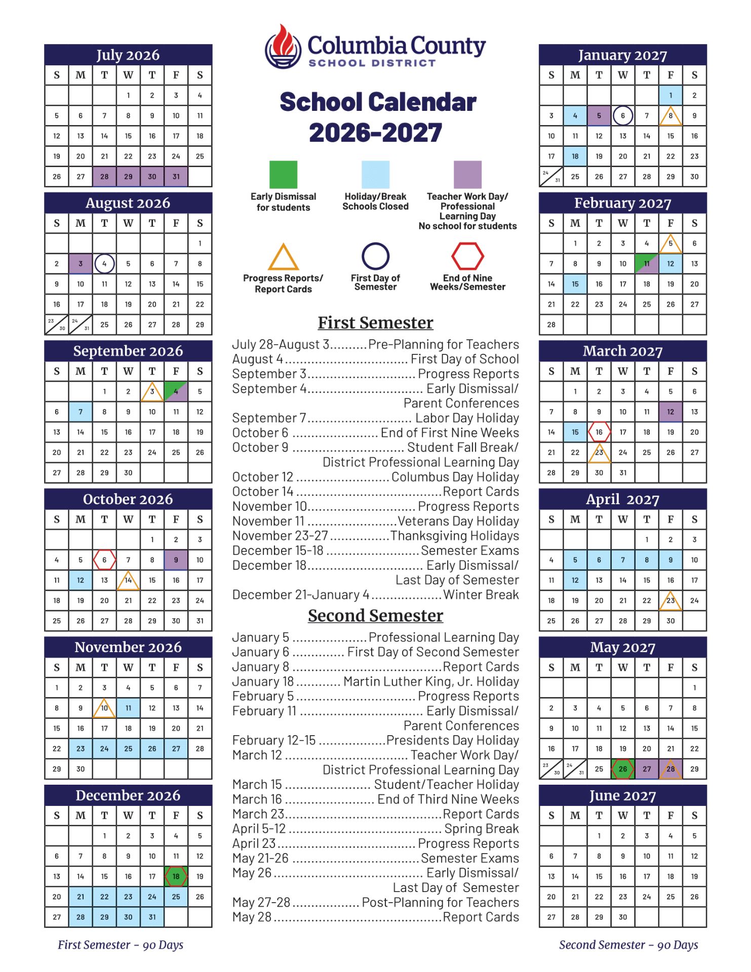 Columbia County School District GA Calendar 26-27 Calendar (Revised)