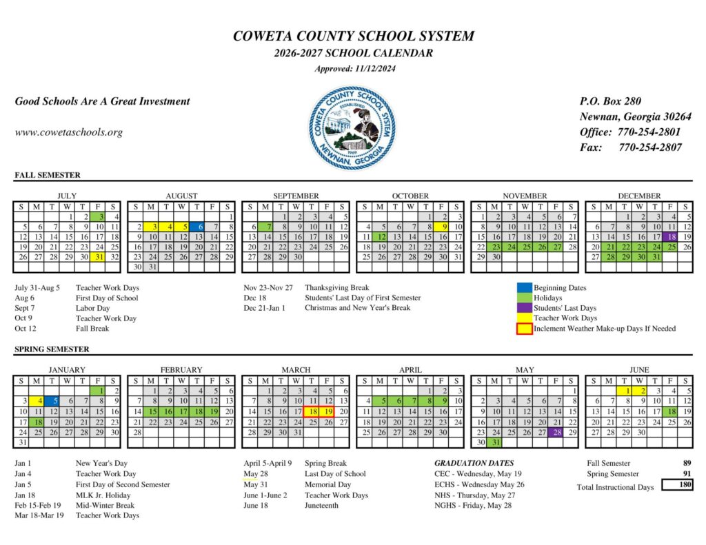 Coweta County School System Calender 2026-27