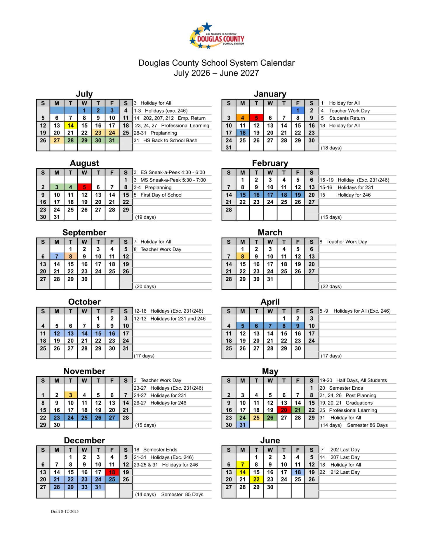 Douglas County School System District Calendar 26-26 Revised