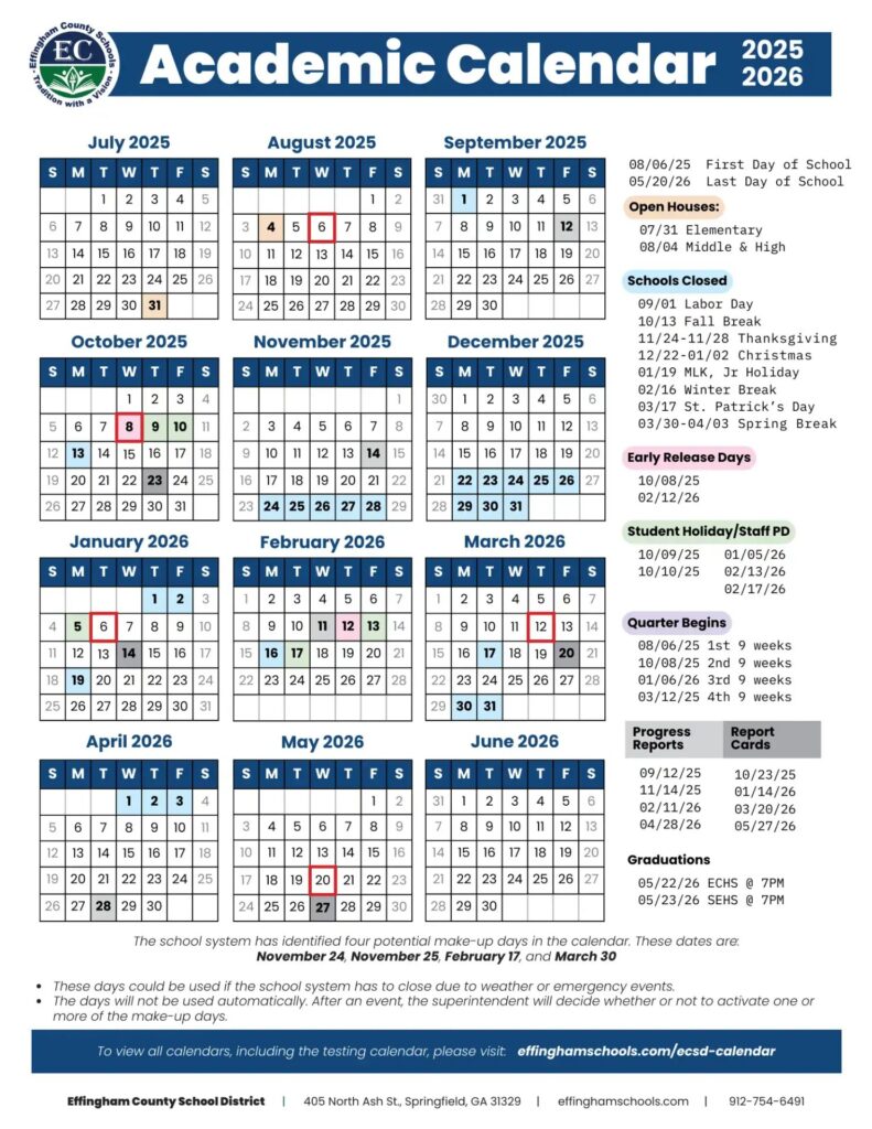 Effingham County School District Calendar 2025-26
