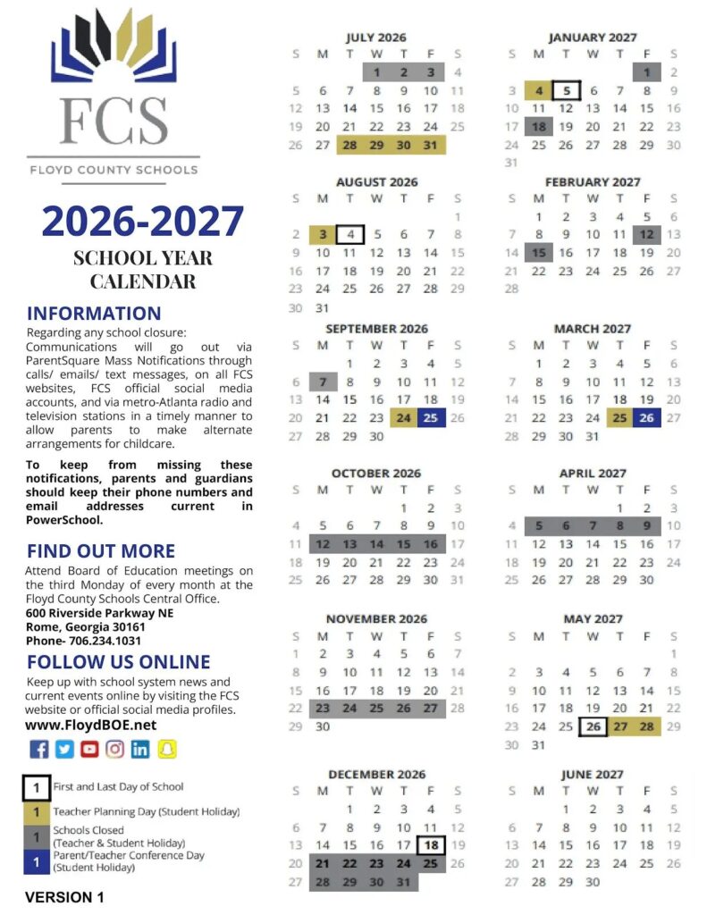Floyd County Schools Calender 2026-27