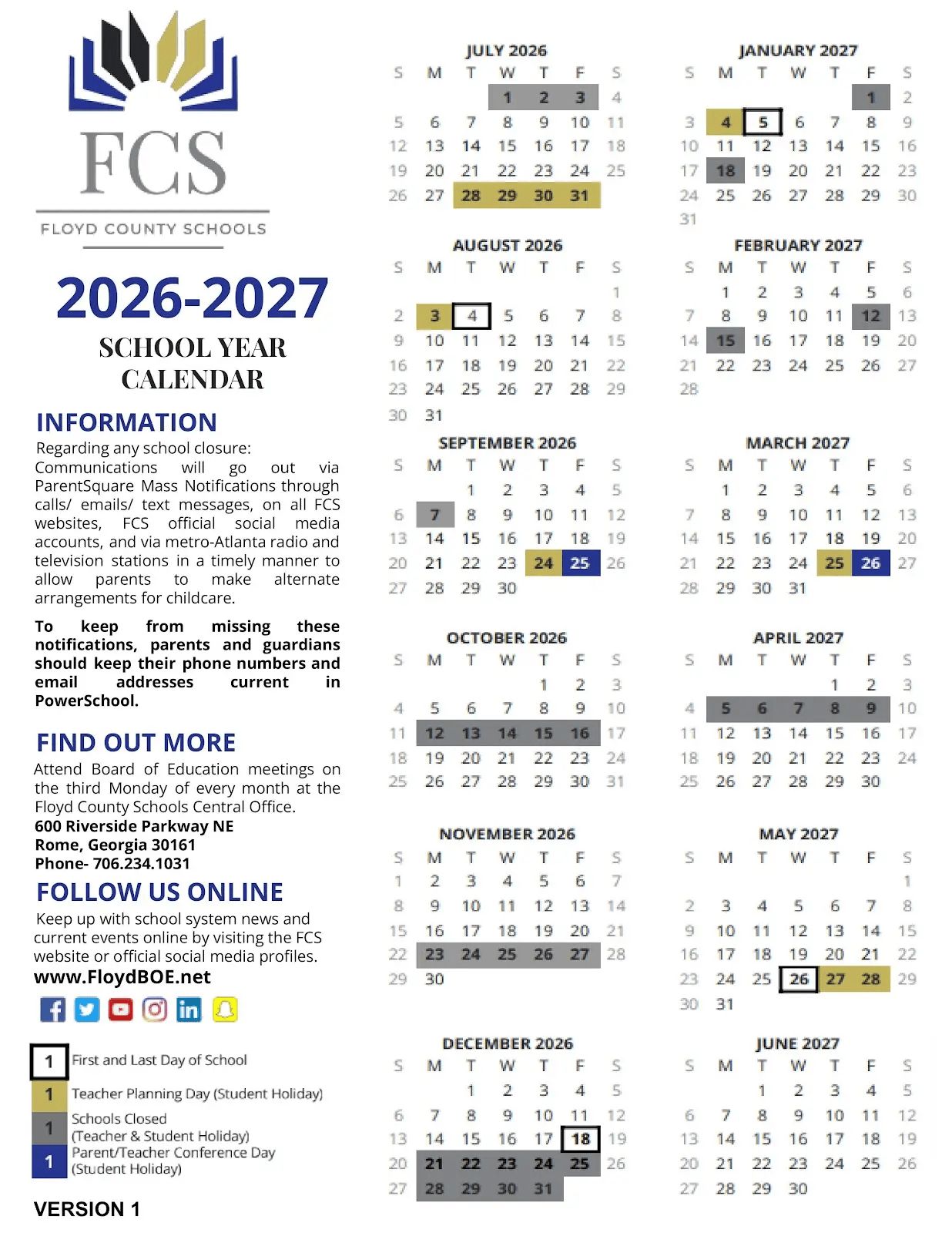 Floyd County Schools GA Calendar 26-27 Calendar (Revised)