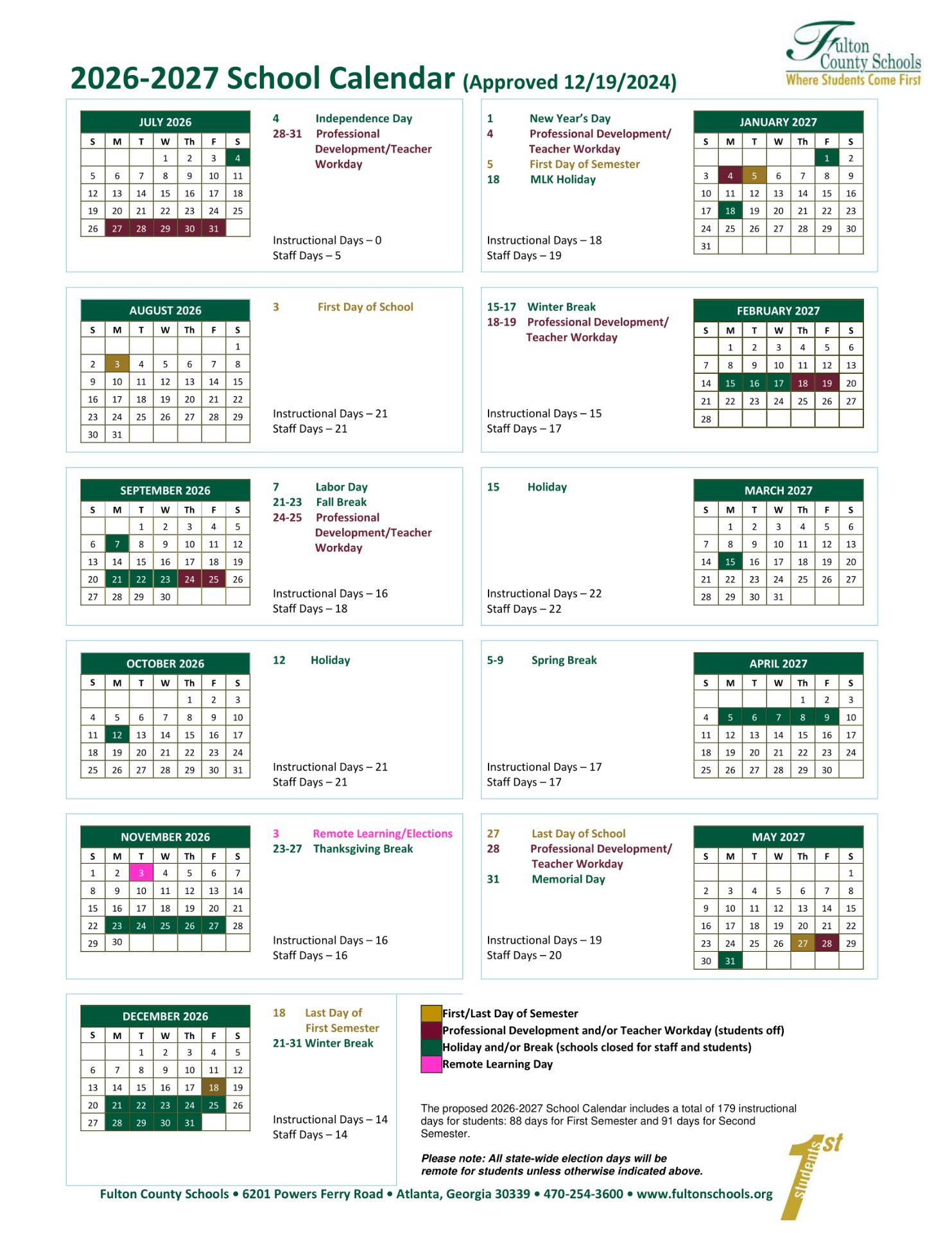 Fulton County Schools GA Calendar 26-27 Calendar (Revised)