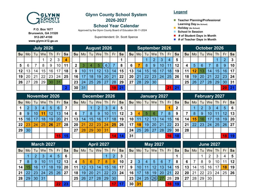 Glynn County School System Calender 2026-27