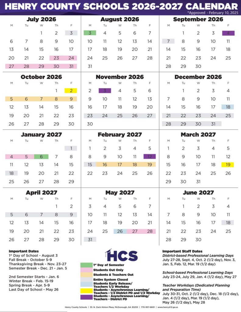 Henry County Schools Calender 2026-27