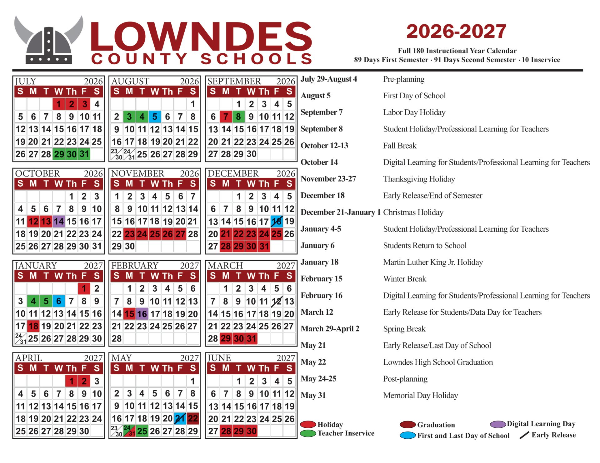 Lowndes County Schools GA Calendar 2026-27 Calendar Revised 