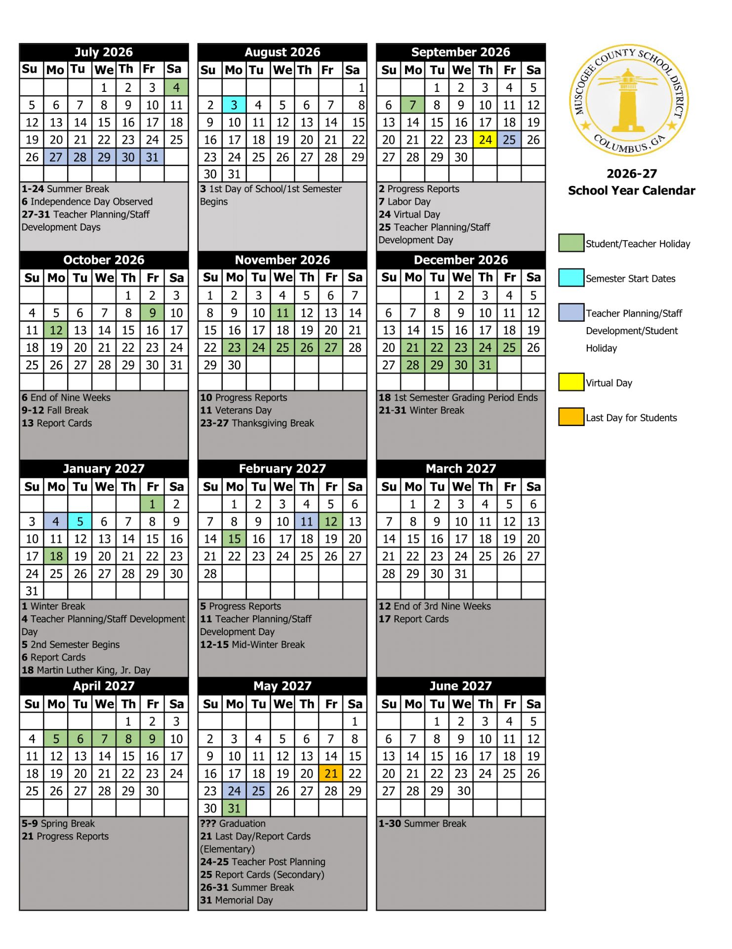 Muscogee County GA School District Calendar 26-26 Revised
