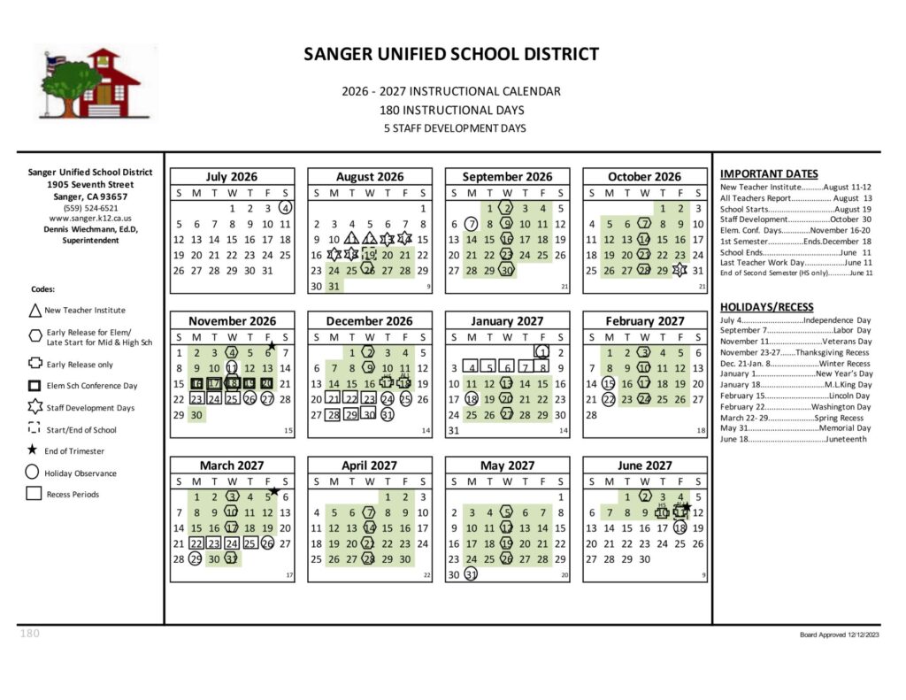 Sanger Unified School District Calender 2026-27