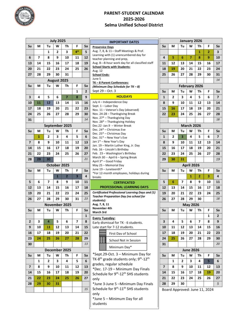 Selma Unified School District Calendar 26-27