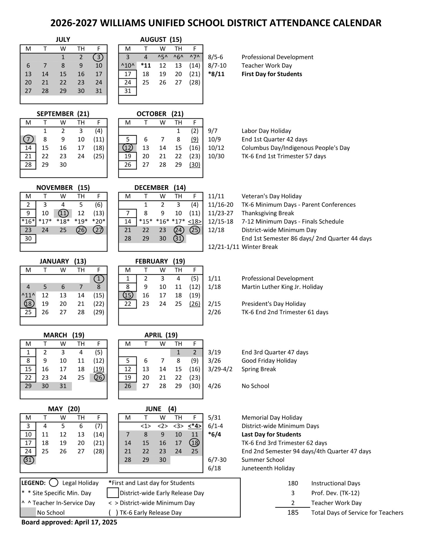 Williams Unified School District 26-27 Calendar (Updated)