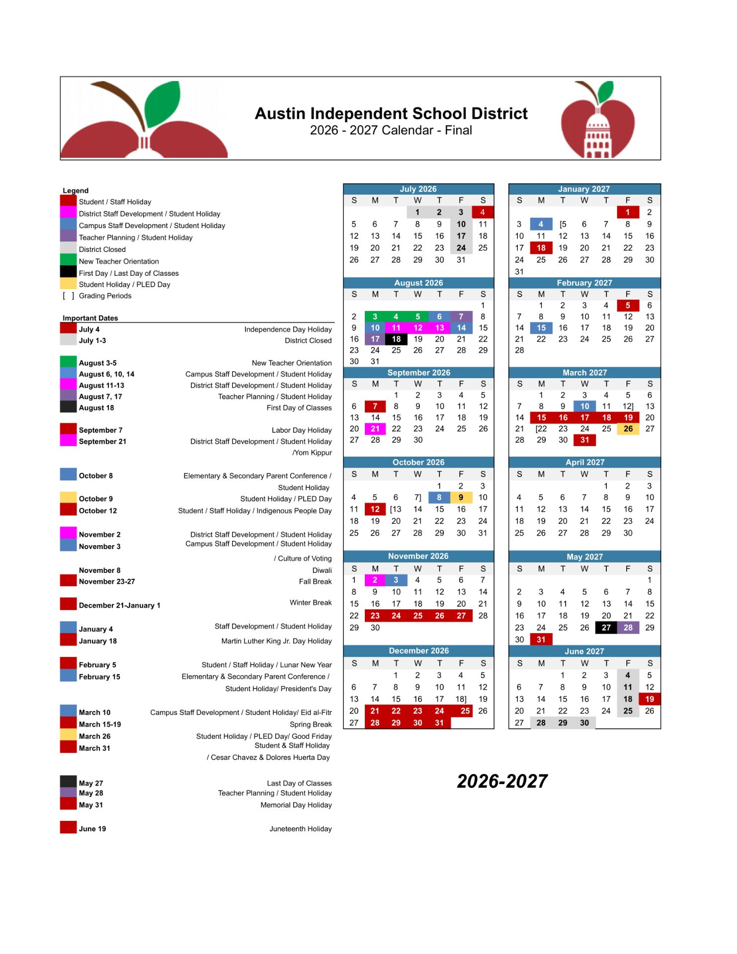 Austin ISD Independent School District Calendar 26-27 UPDATES [PDF] 
