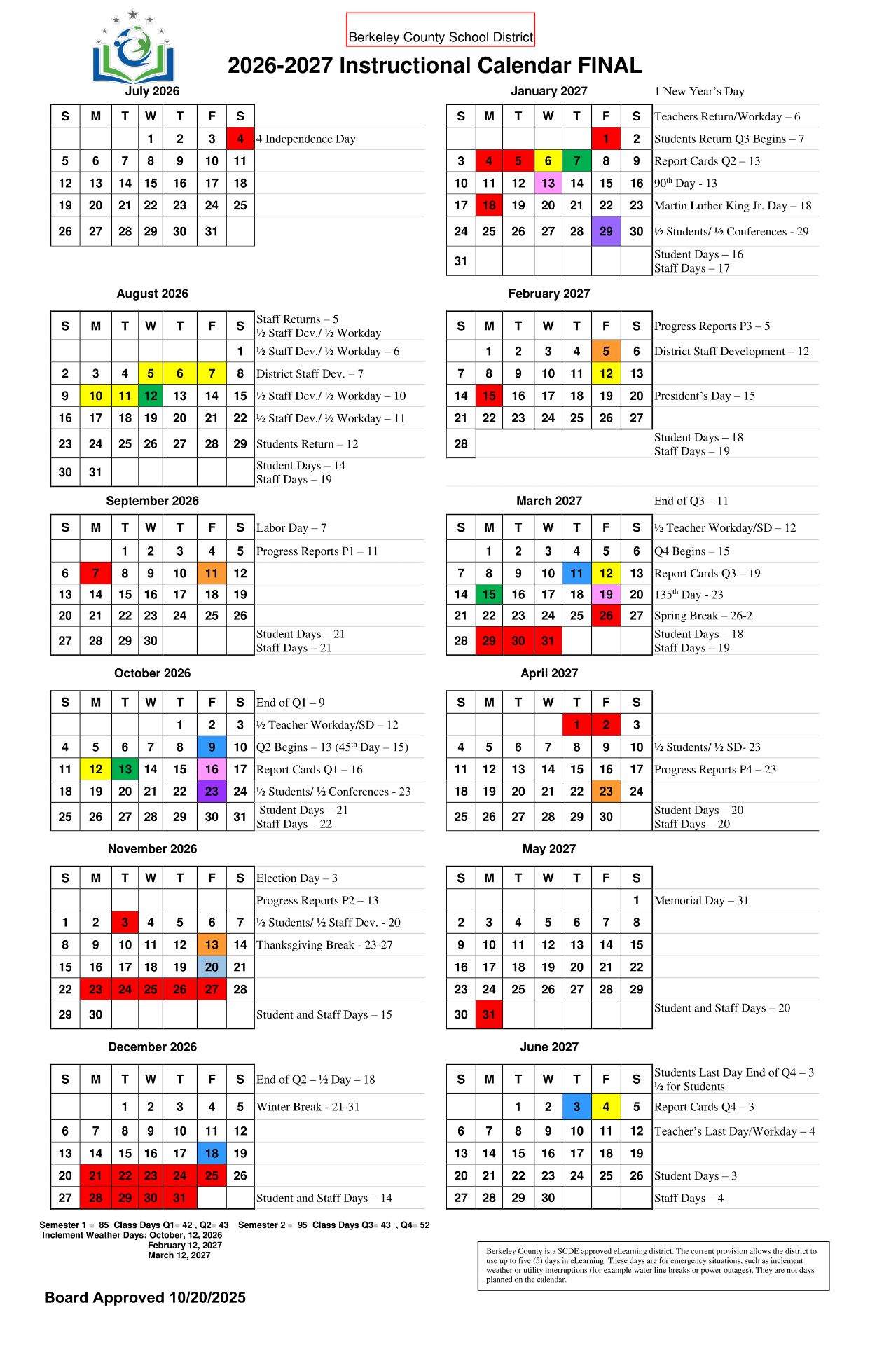 Berkeley County School District Calendar 26-27 [PDF]