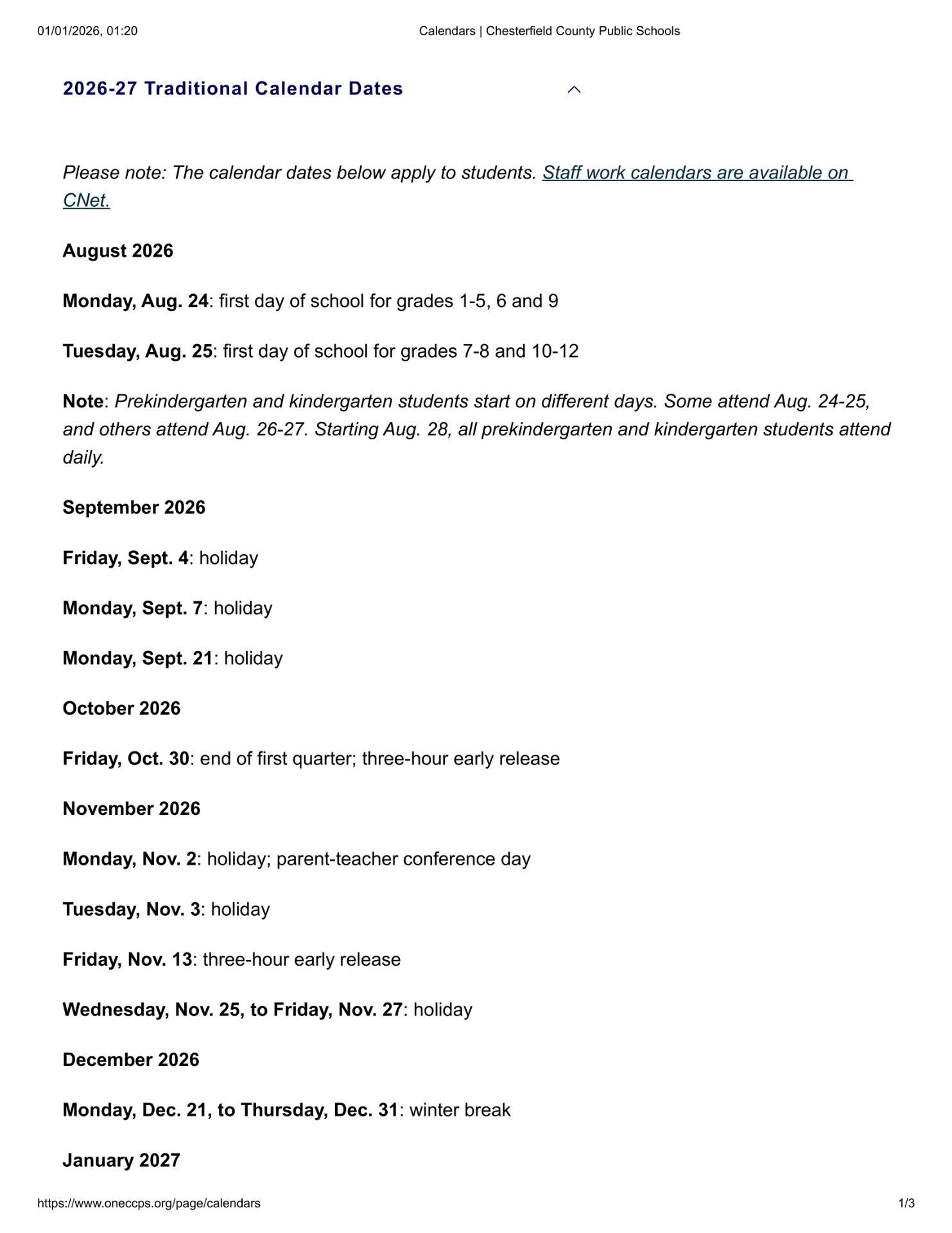 Chesterfield County Schools CCPS Calendar 26-27 [pdf]