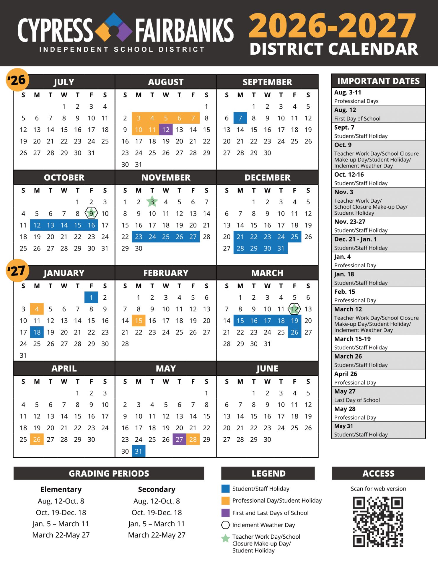 Cypress-Fairbanks ISD Independent School District Calendar 26-27 UPDATES [PDF]