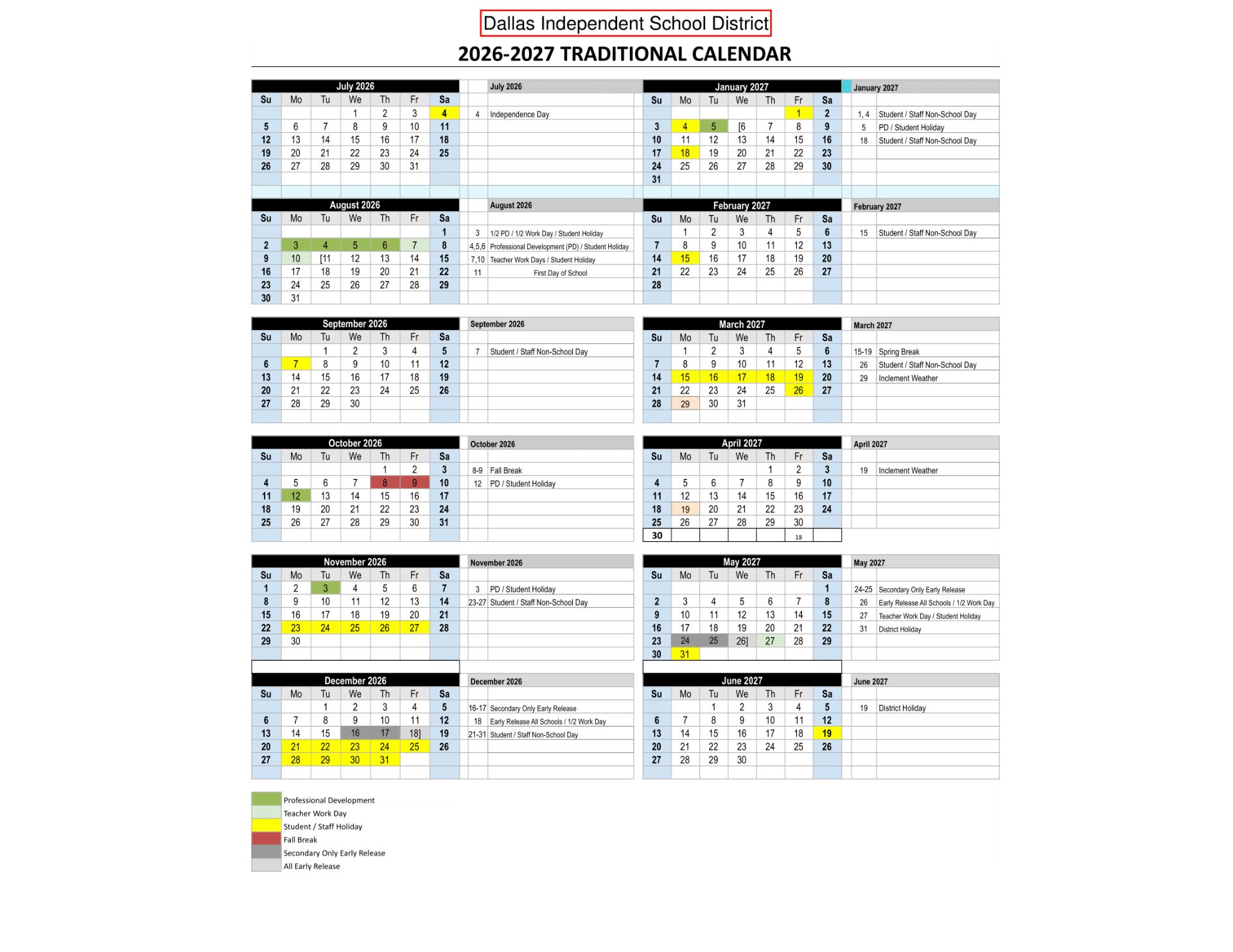Dallas ISD Independent School District Calendar 26-27 UPDATES [PDF]