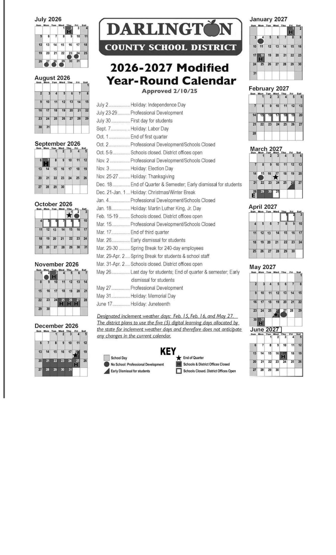 DCSD Darlington County School District Calendar 26-27 [PDF]