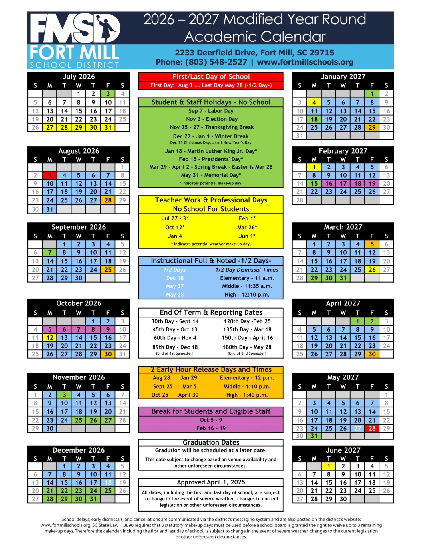 Fort Mill School District Calendar 26-27 Revised [PDF]