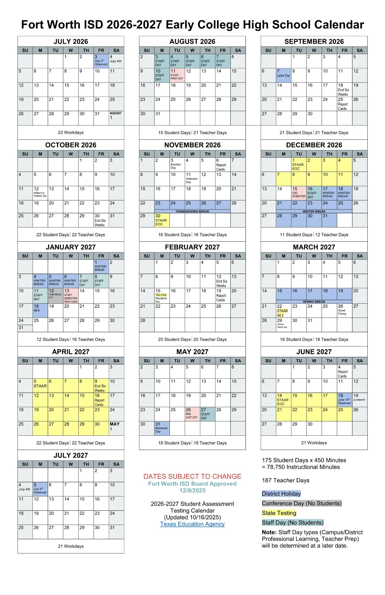 Fort Worth ISD Early College High School Calendar  26-27 UPDATES [PDF]