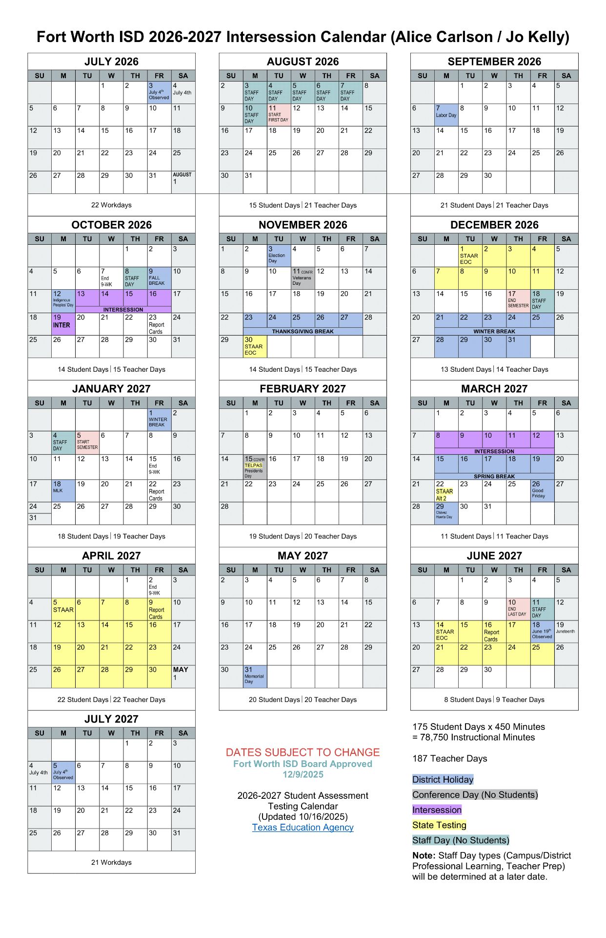 Fort Worth ISD Intersession Calendar  Calendar  26-27 UPDATES [PDF]