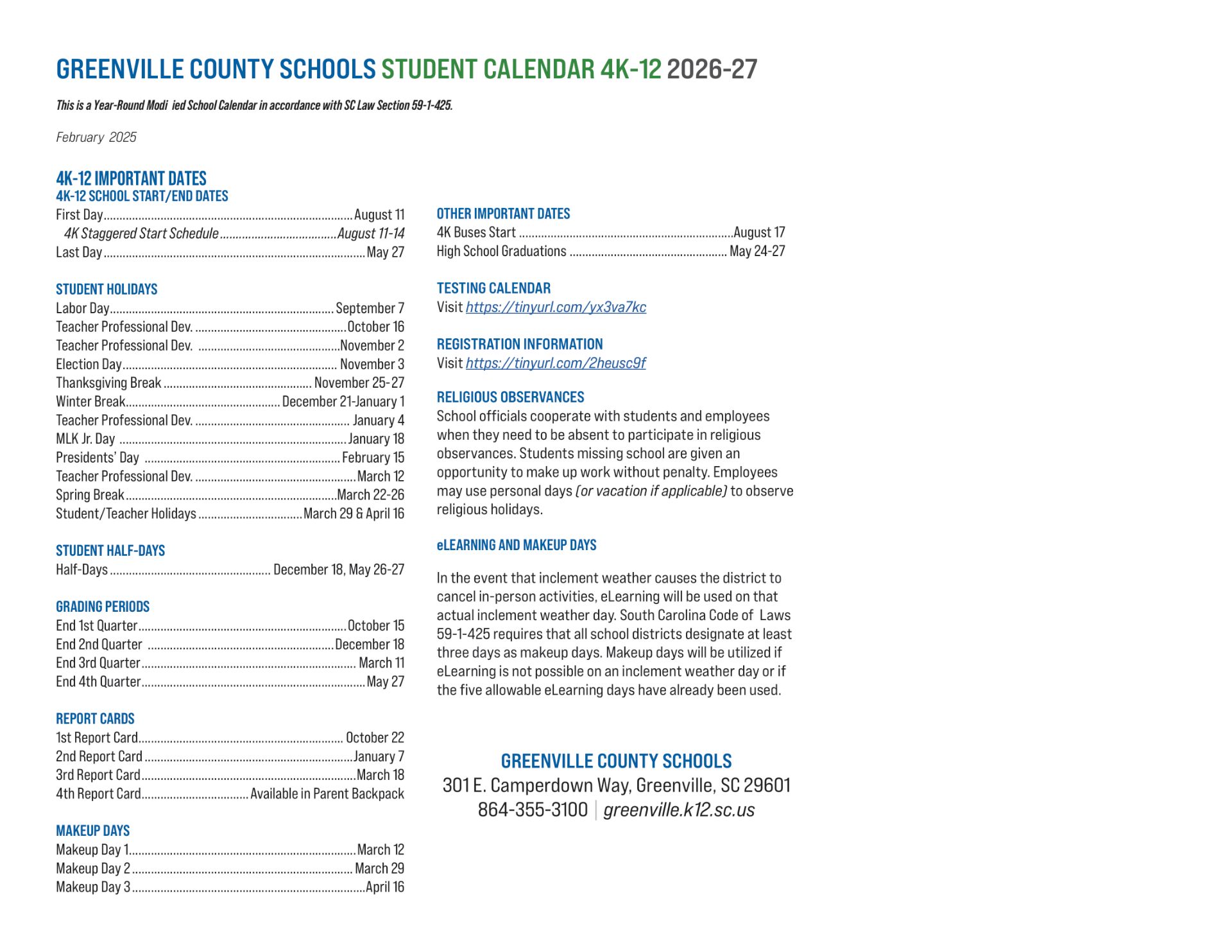Greenville County Schools Calendar 25-26 [PDF]