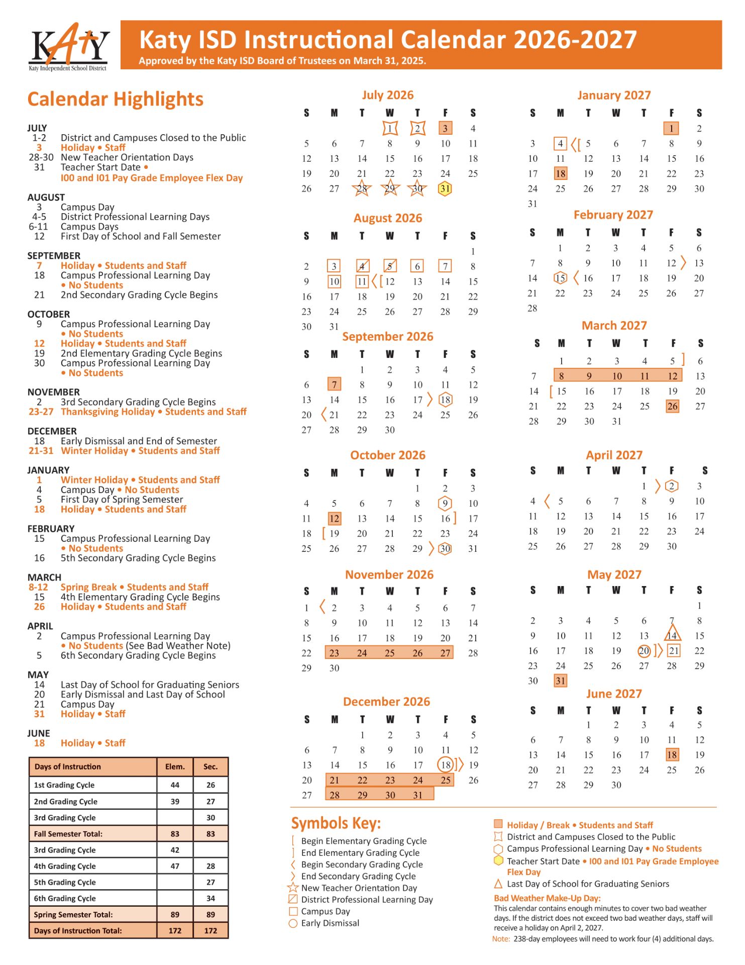 Katy ISD School Calendar 26-27 UPDATES [PDF]