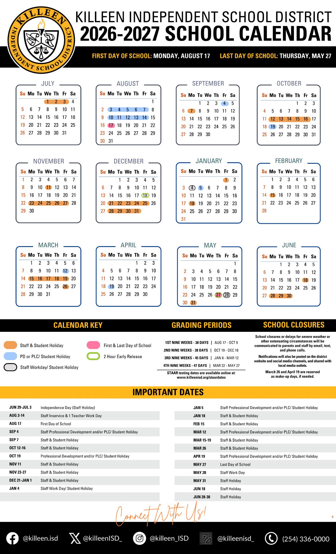 Killeen ISD School Calendar 26-27 UPDATES [PDF]