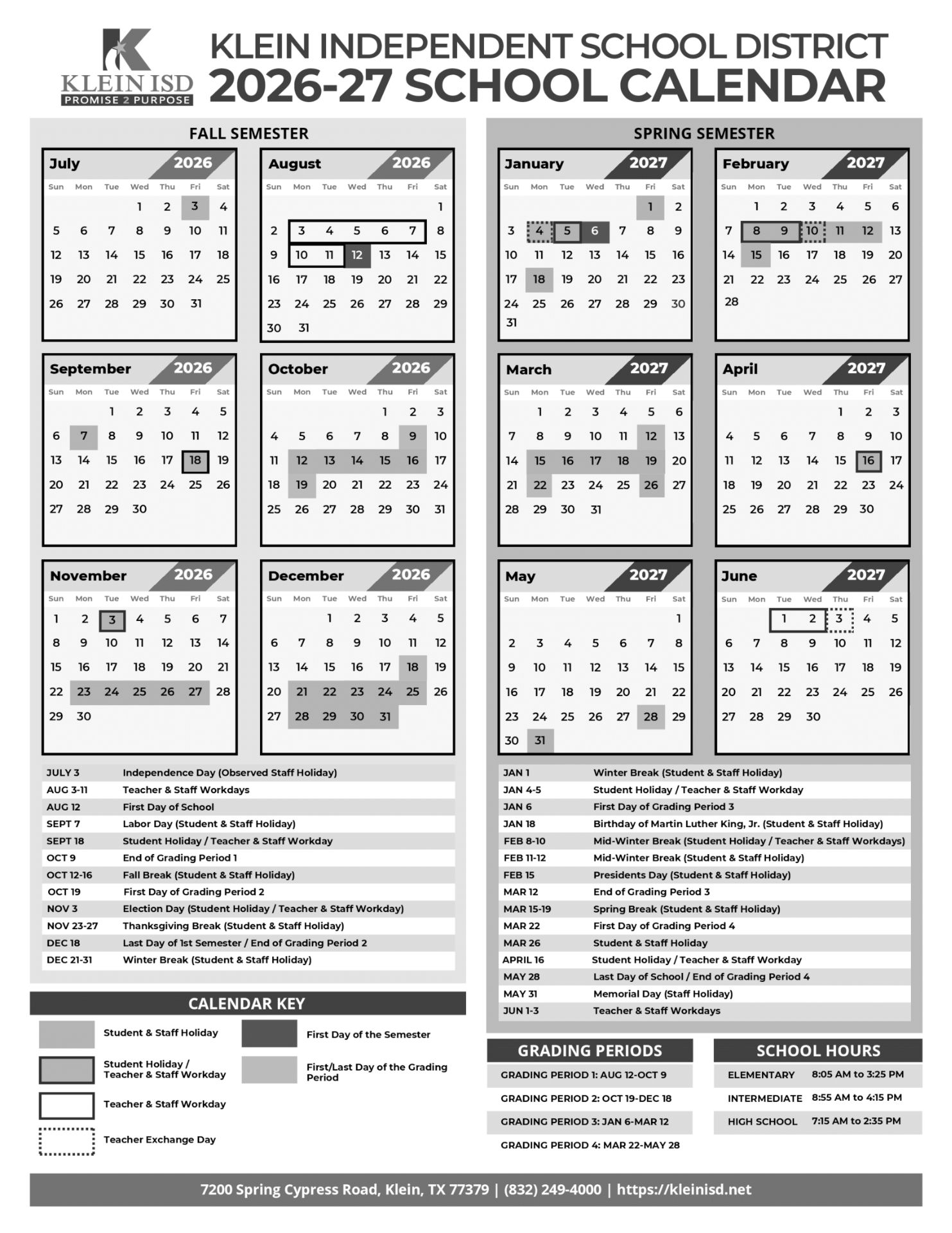 Klein ISD Independent School District Calendar 26-27 UPDATES [PDF]
