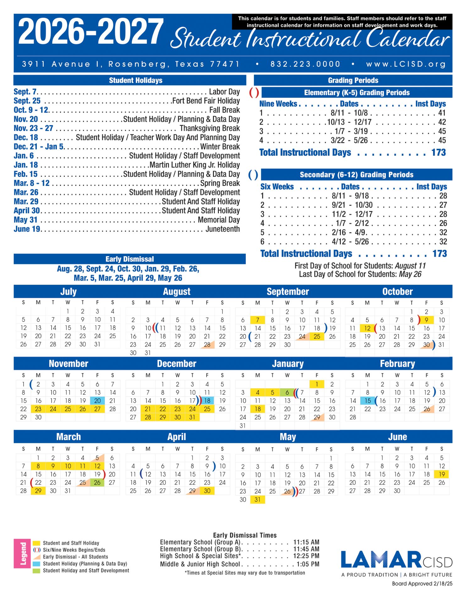 Lamar Consolidated LCISD Calendar 26-27 UPDATES [PDF]