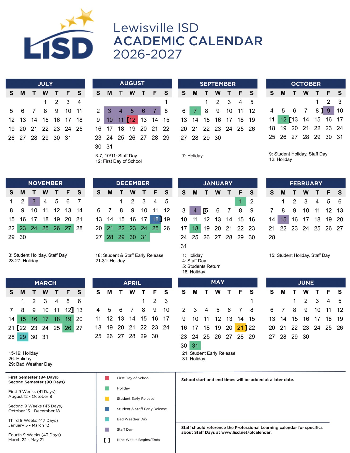 Lewisville ISD Academic Calendar 26-27 UPDATES [PDF]