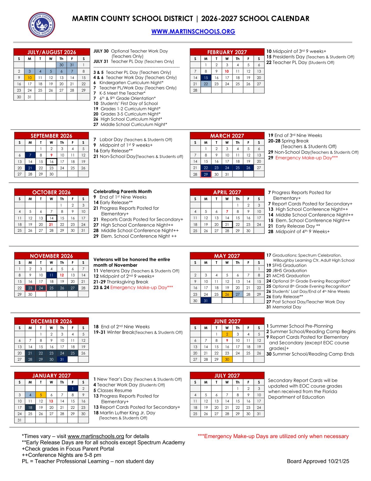 Martin County School District Calendar 26-27 Revised (PDF)