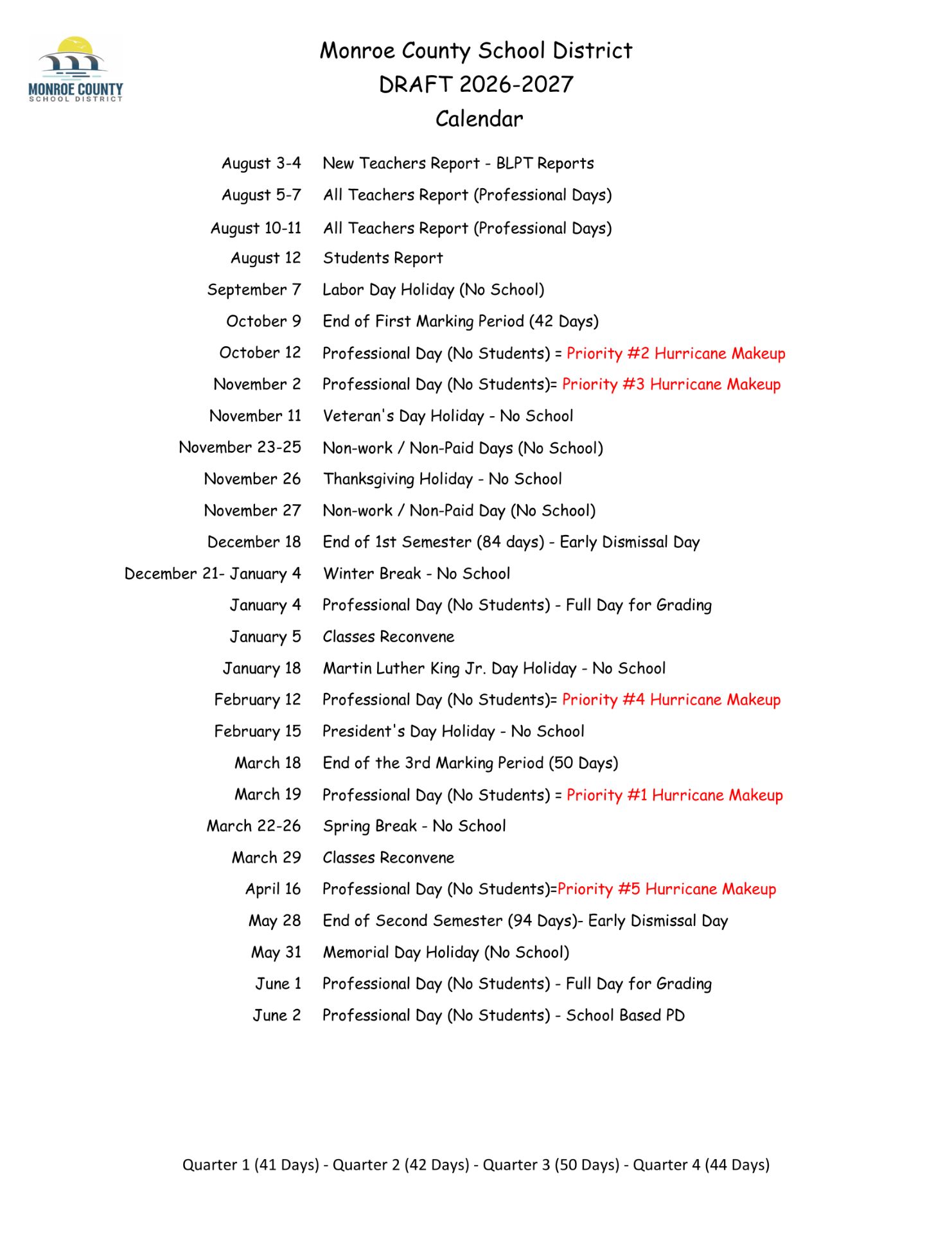 Monroe County School District Calendar 26-27 Revised (PDF)