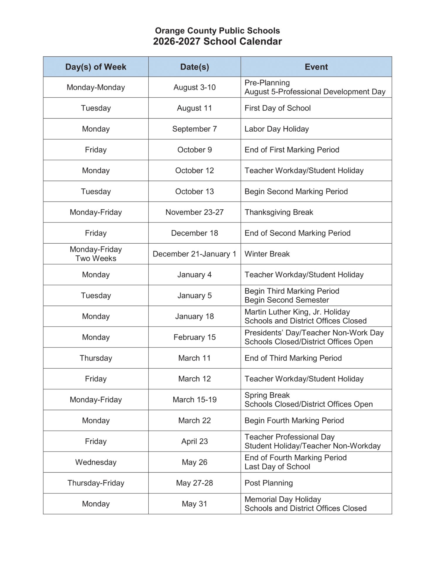 Orange County Public Schools Calendar 26 27 Updated PDF