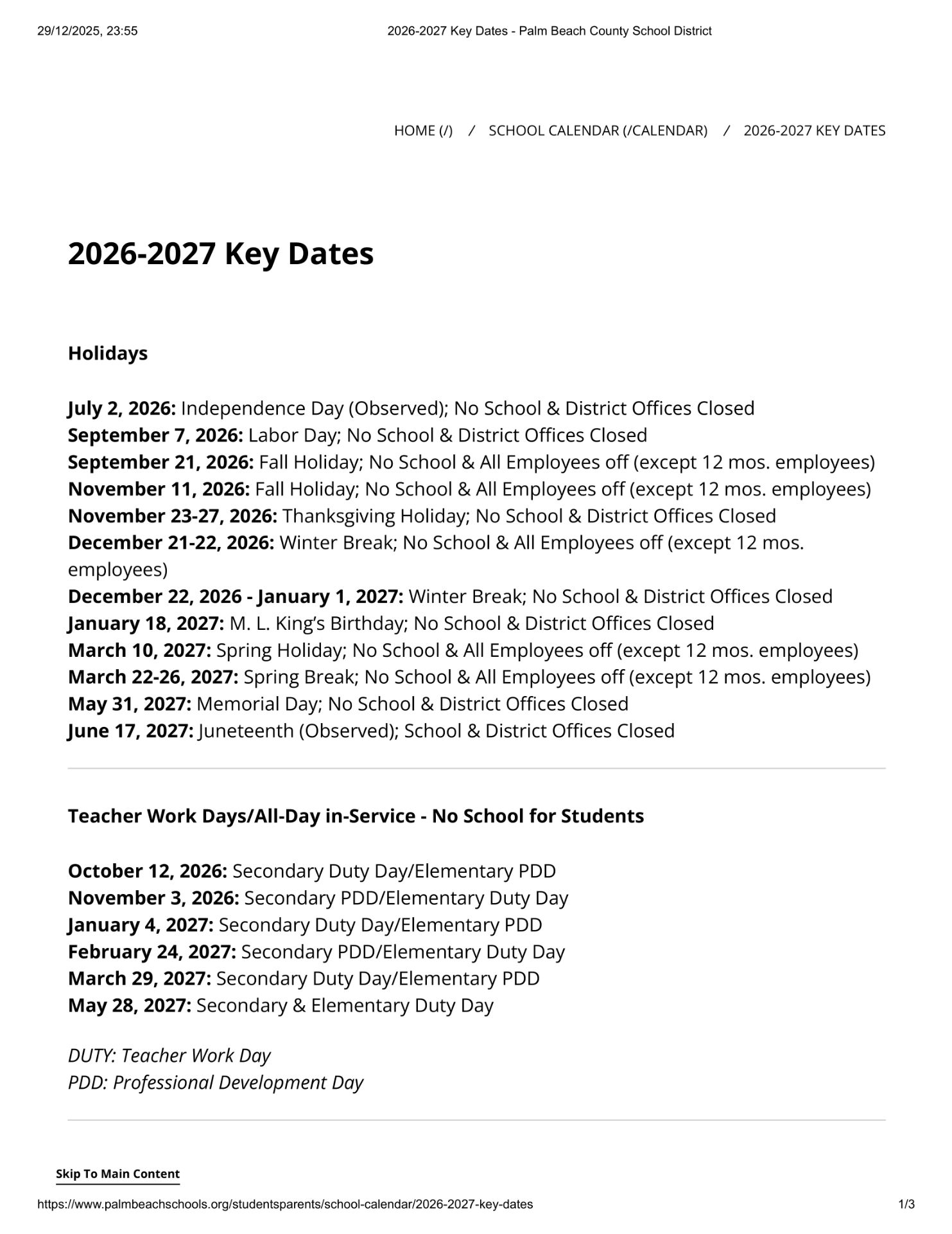 Palm Beach County School District Calendar 26 27 Updated (PDF)