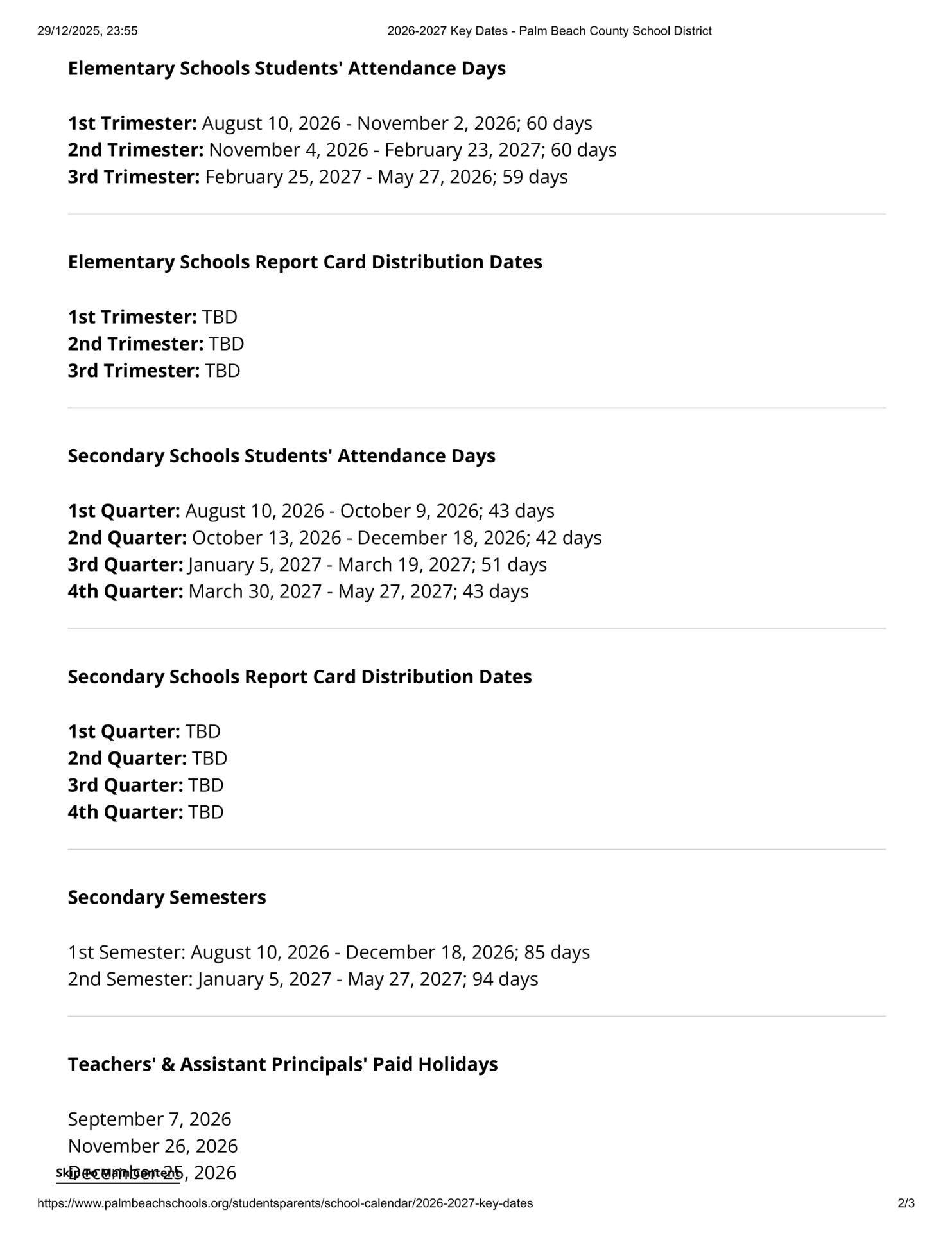 Palm Beach County School District Calendar 26 27 Updated (PDF)