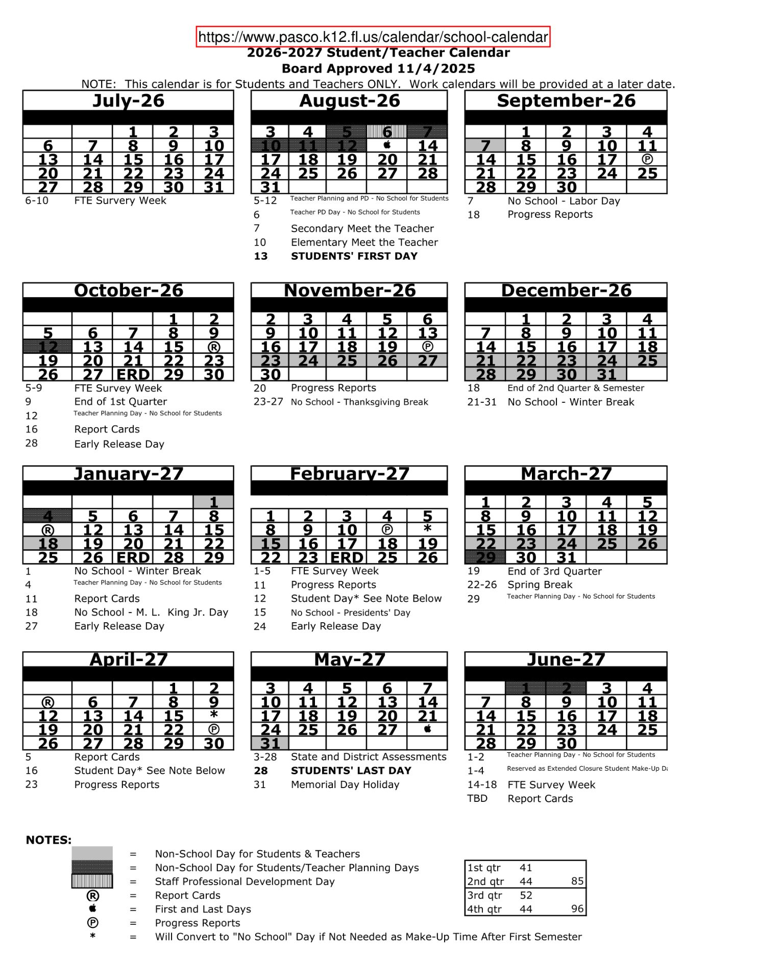 Pasco County School District Calendar 26 27 Updated (PDF)