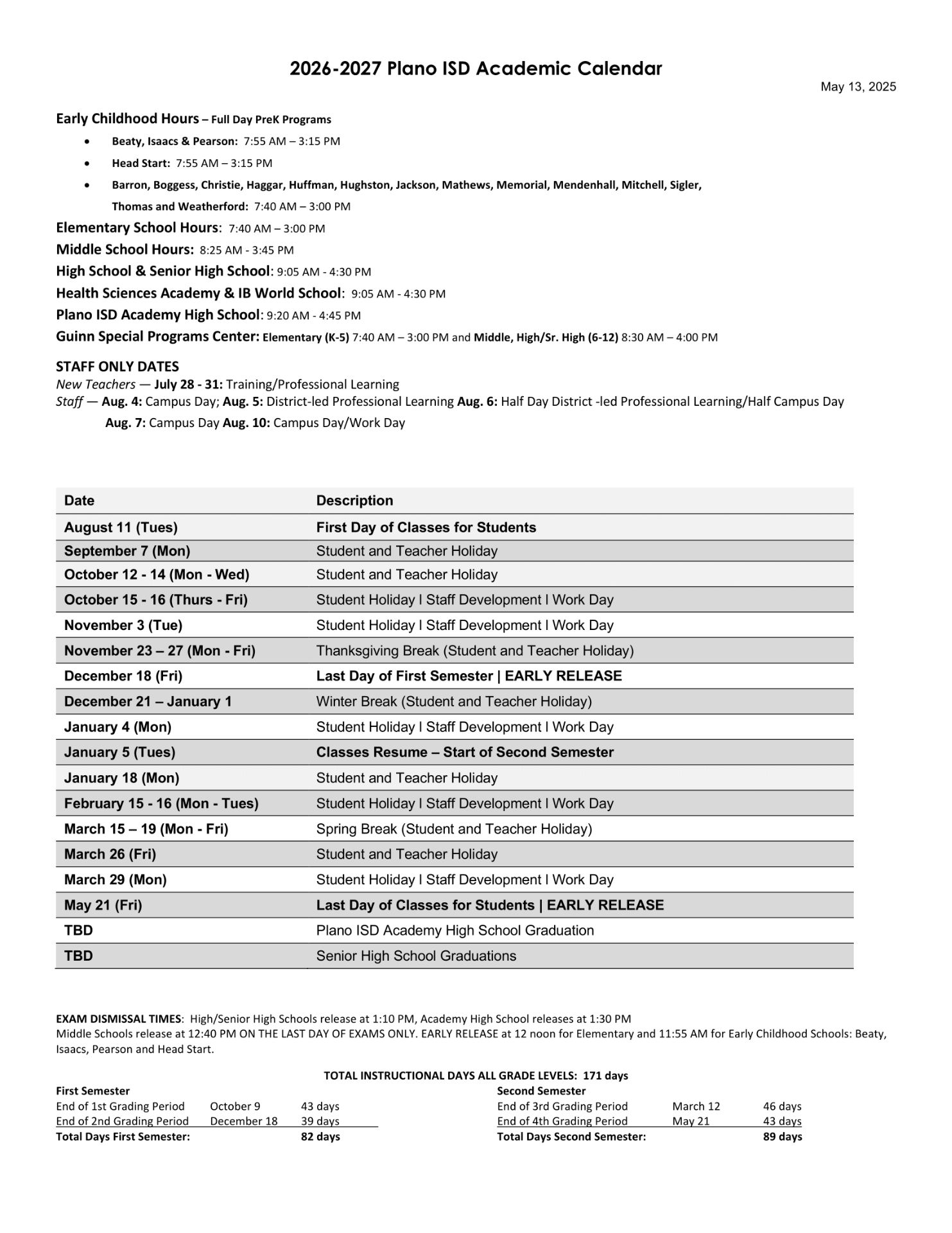 Plano ISD Calendar 26-27 UPDATES [PDF]