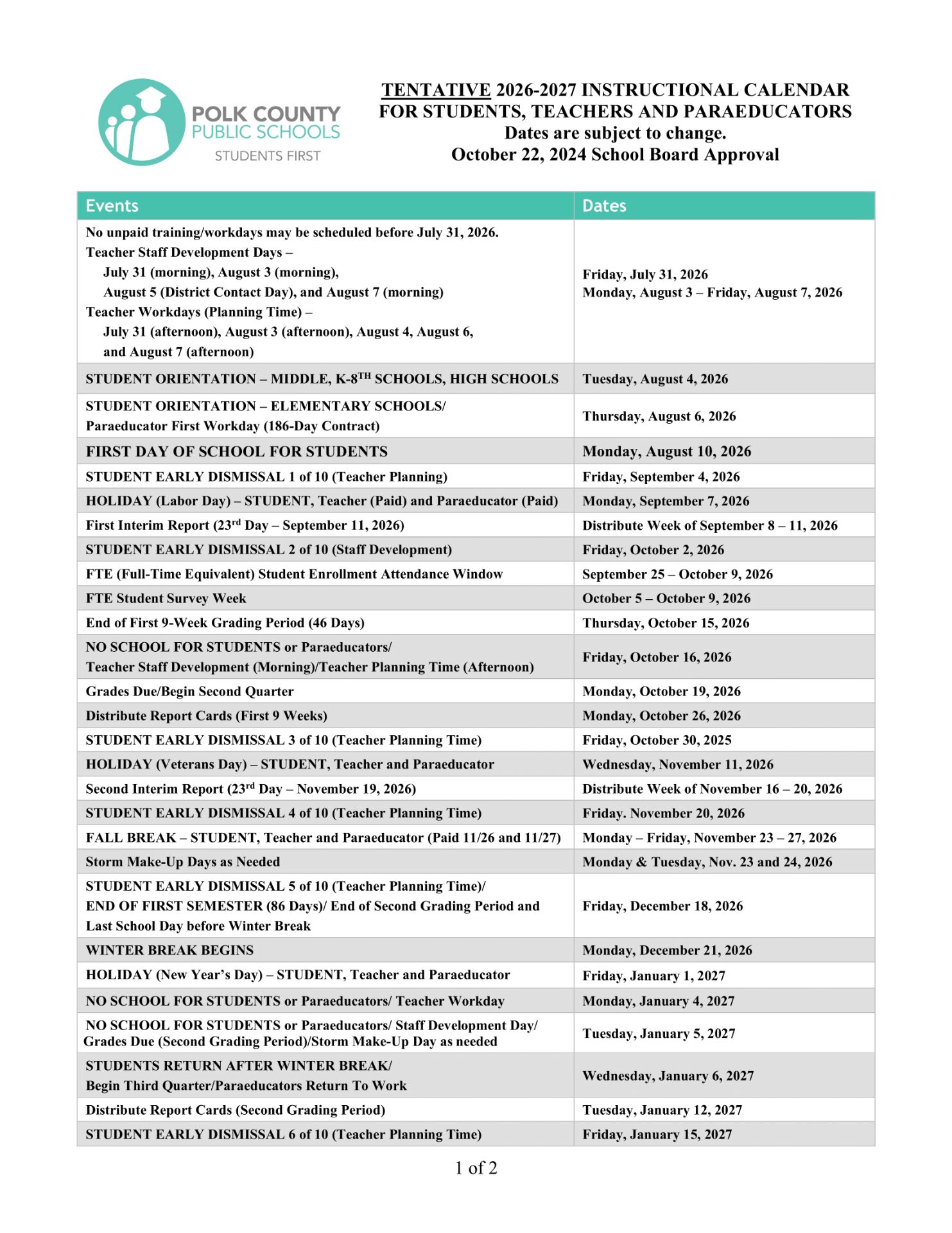 Polk County Public Schools Calendar 26 27 Updated (PDF)