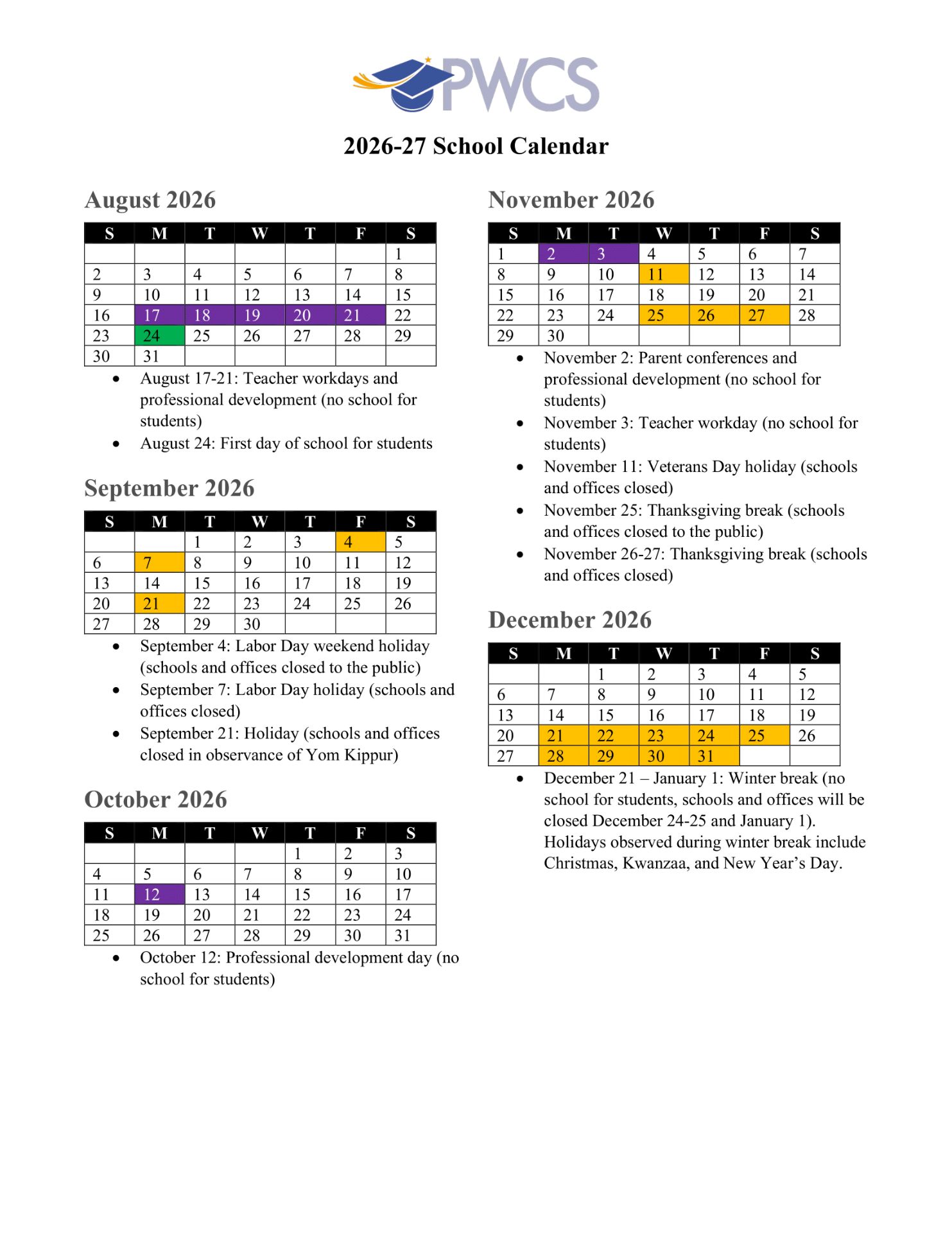 Prince William County Public Schools va Calendar 26-27 [pdf]