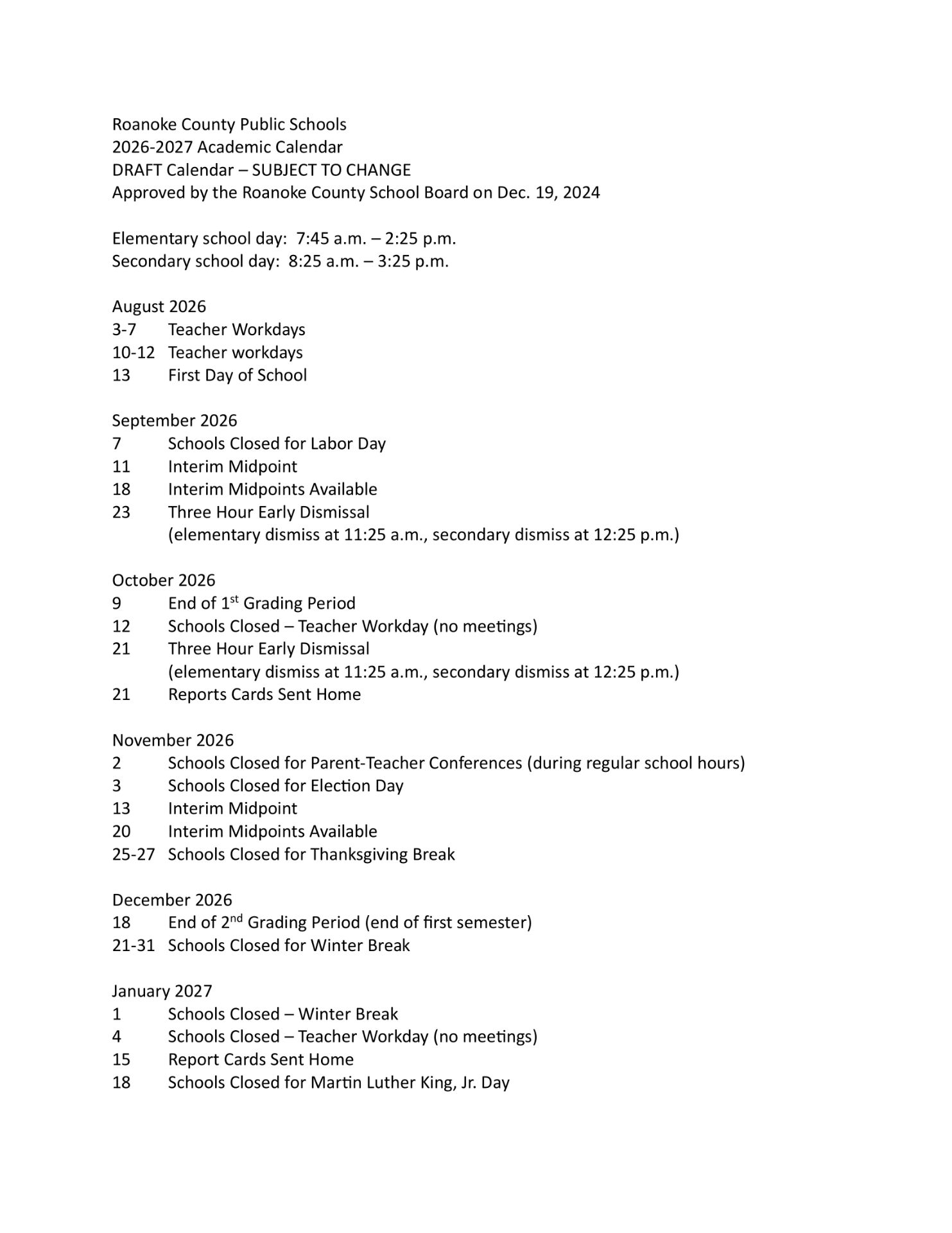 Roanoke County Public Schools va Calendar 26-27 [pdf]