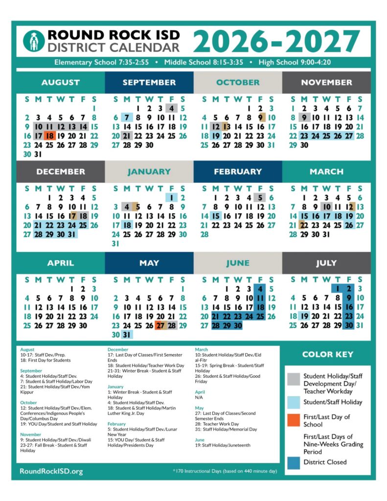 Round Rock Independent School District Calendar 2026-27 (1)