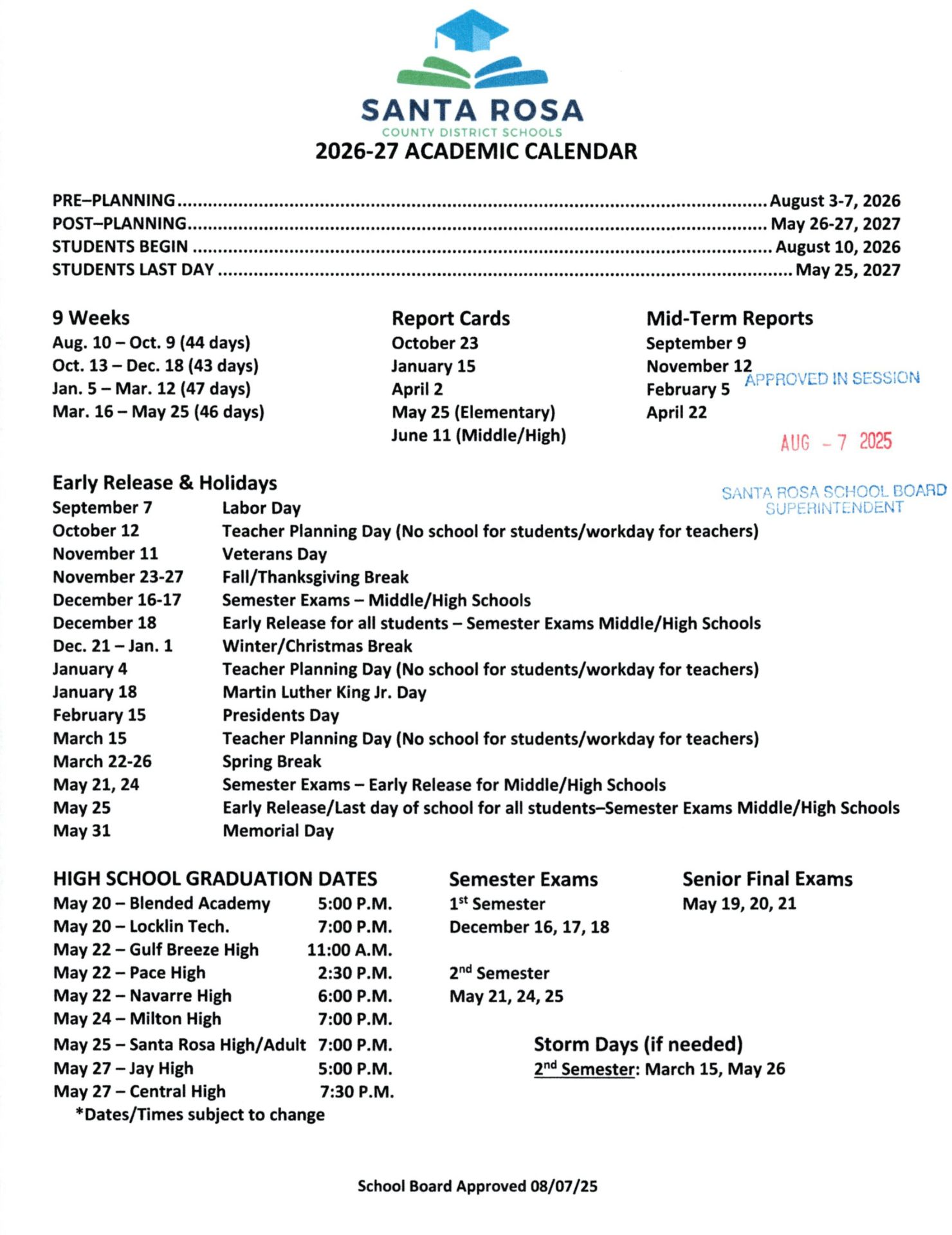 Santa Rosa County District Schools Calendar 26 27 Updated (PDF)