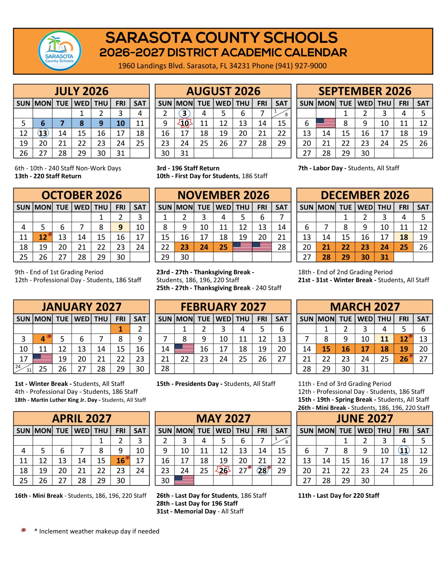 Sarasota County District Schools Calendar 26 27 Updated (PDF)