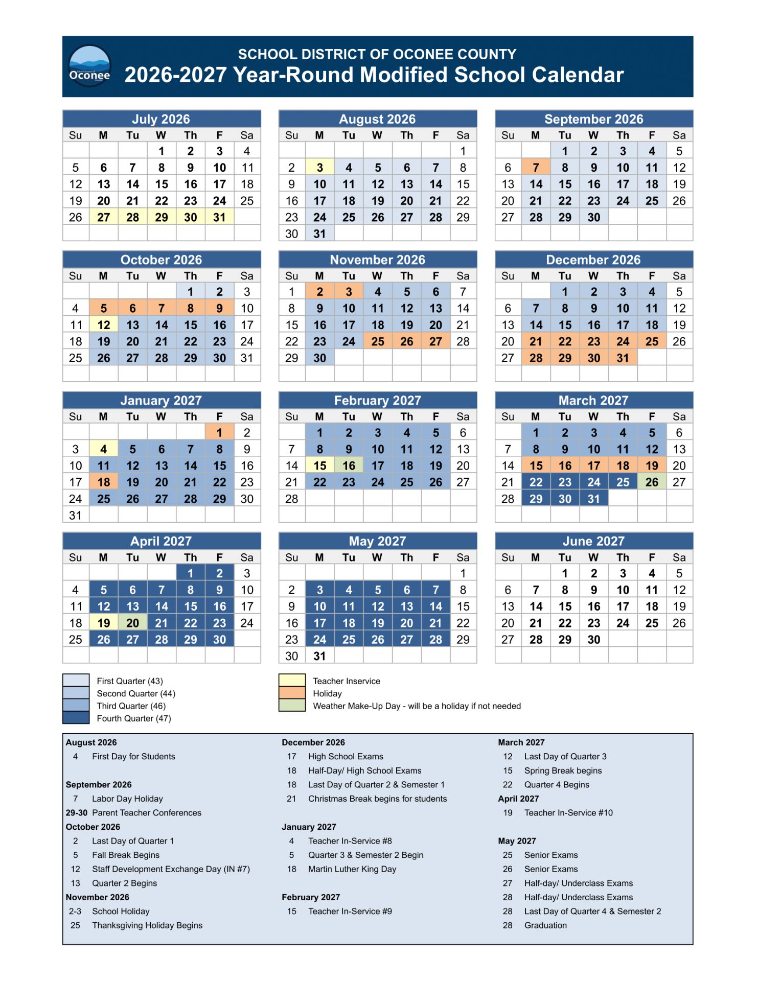 Oconee County SC Schools 26-27 Calendar [pdf] 