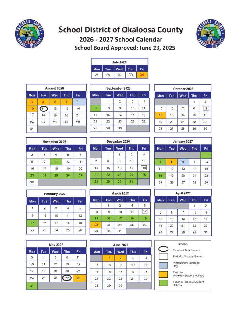School District of Okaloosa County Calendar 2026-27