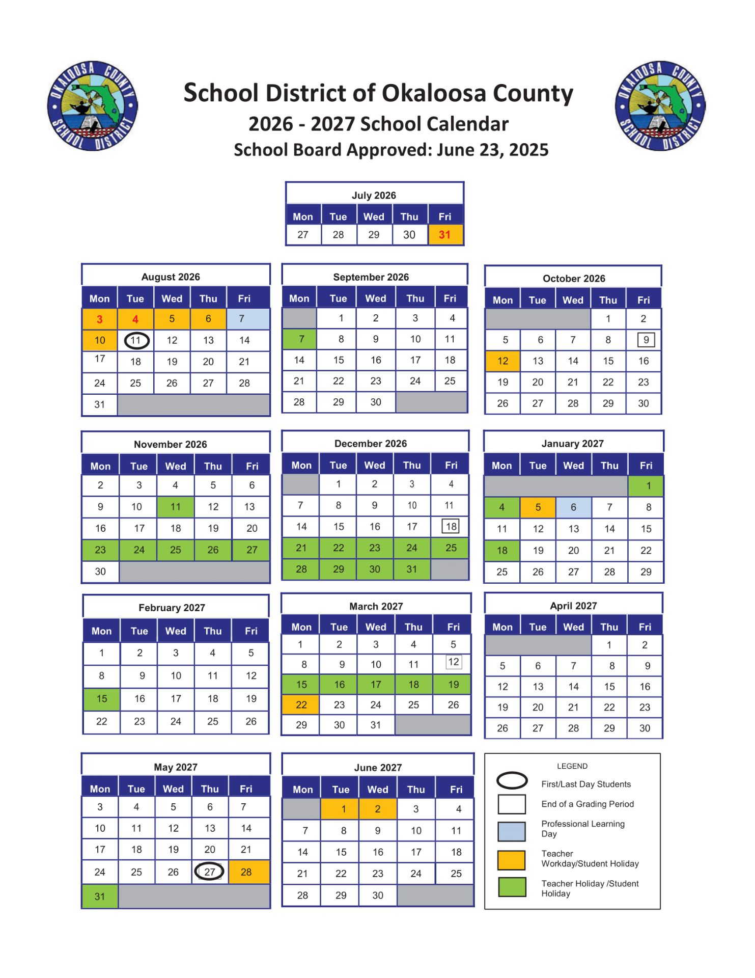 Okaloosa County OCSD calendar 26-27 Updated PDF