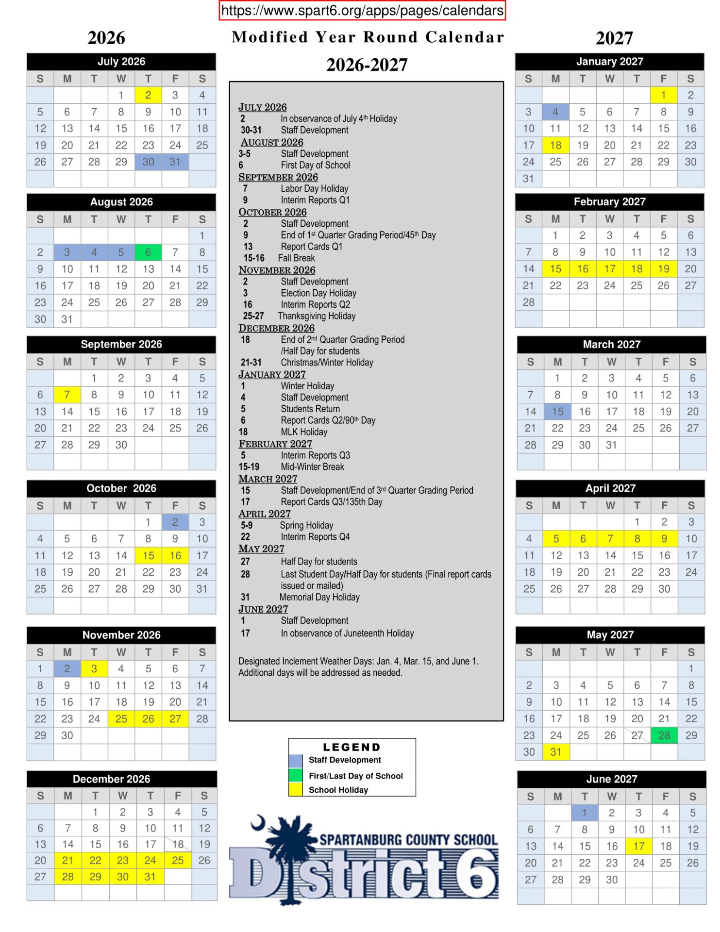 Spartanburg County School District 6 SC 26-27 Calendar [pdf] 