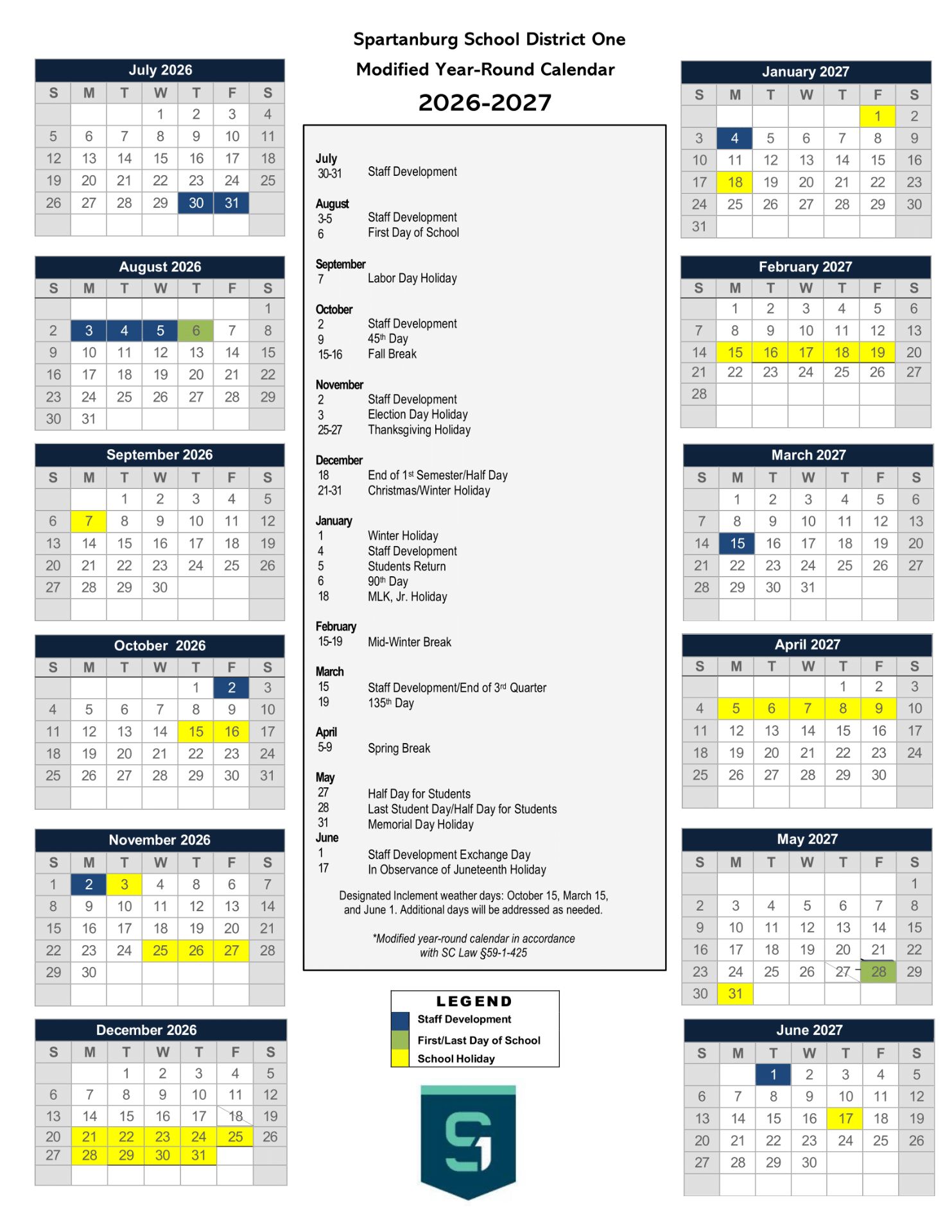 Spartanburg One SC Schools 26-27 Calendar [pdf] 