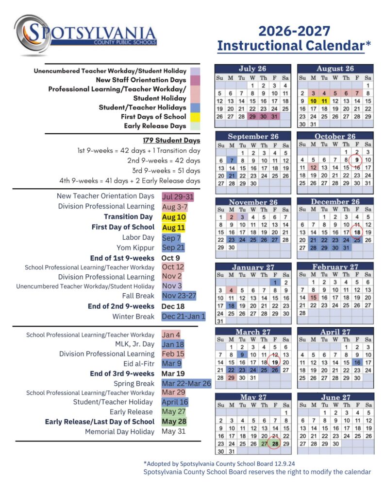 Spotsylvania County Public Schools Calendar 2026-27